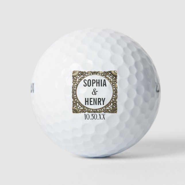 Elegant Gold Frame Wedding Favour Golf Balls (Front)