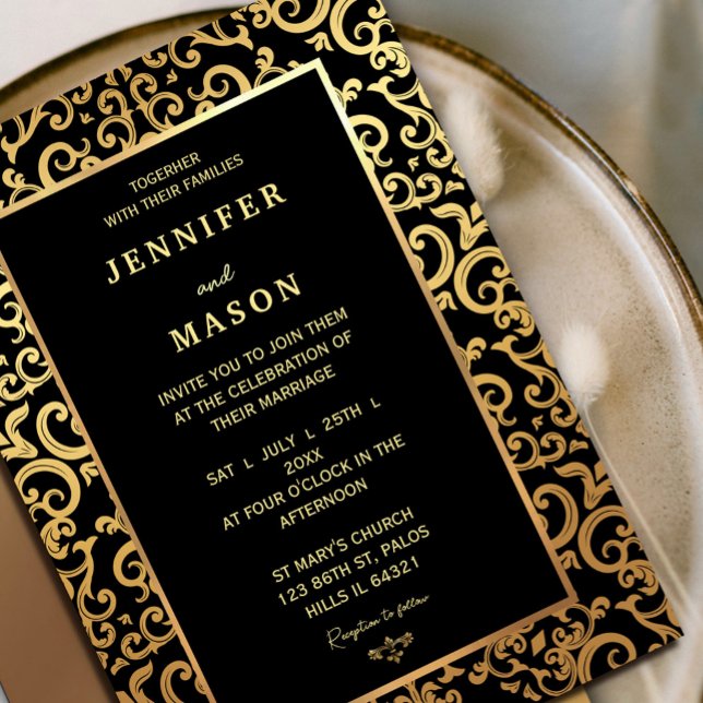 Elegant gold Frame Wedding  Invitation (Elegant gold Frame Wedding Invitation #elegantdecorativeframe #antiquframeinvitation #classic)