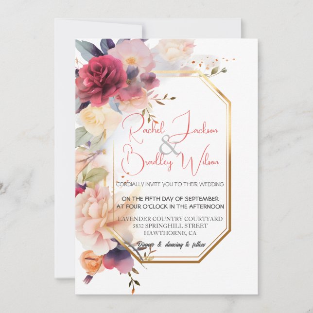 Elegant Gold Frame Wedding Vivid Floral Watercolor Invitation (Front)