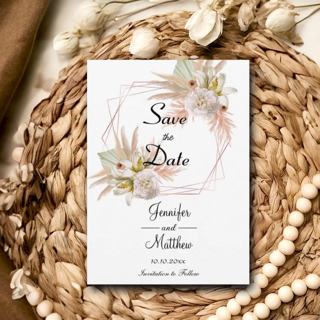 Elegant Gold Frame White Floral Pampas Grass 5x7"  Save The Date (Creator Uploaded)