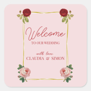 Elegant Gold Frame With Roses Welcome To Wedding   Square Sticker