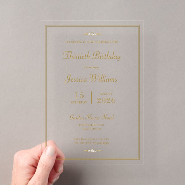 Elegant Gold Framed Birthday Party Acrylic Invitations (Insitu (Handheld))