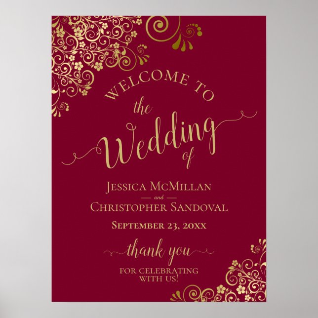 Elegant Gold Frills on Burgundy Wedding Welcome Poster (Front)