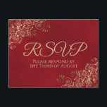 Elegant Gold Frills on Crimson Red Wedding RSVP Postcard<br><div class="desc">These RSVP postcards will make it easy for your guests to respond to your wedding invitation. They feature a sophisticated classy design with gold text on a lush marbled red background. The corners of the card are decorated with a lacy curly floral filigree. The back has a place to indicate...</div>