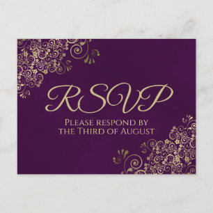 Elegant Gold Frills on Plum Purple Wedding RSVP Postcard