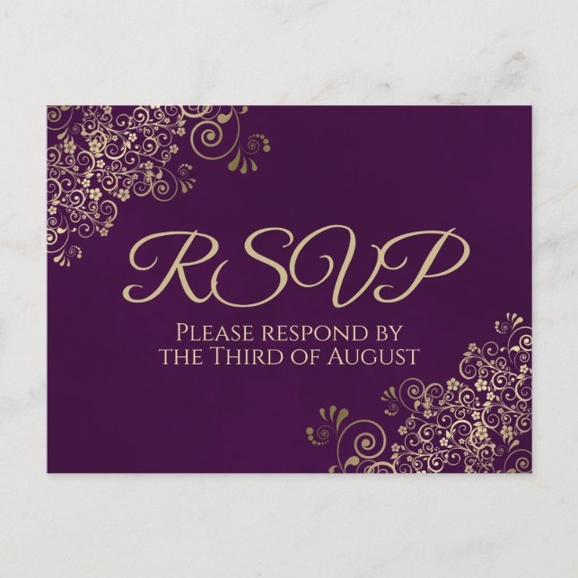Elegant Gold Frills on Plum Purple Wedding RSVP Postcard (Front)
