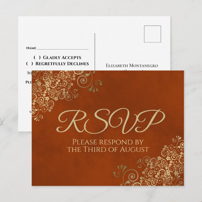 Elegant Gold Frills on Rust Orange Wedding RSVP Postcard (Front/Back)