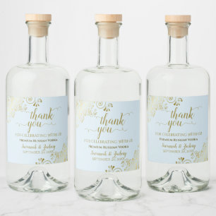 Elegant Gold Frills Powder Blue Wedding Thank You Liquor Bottle Label