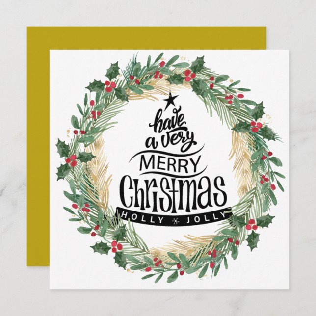 Elegant Gold Fund Script Red Holly Berry Christmas Holiday Card (Front/Back)