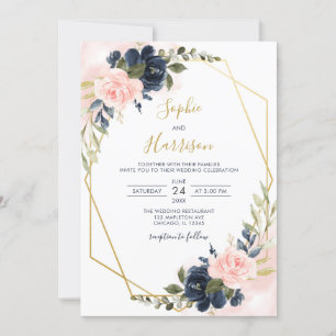 Elegant Gold Geometric Blush and Navy Wedding Invitation