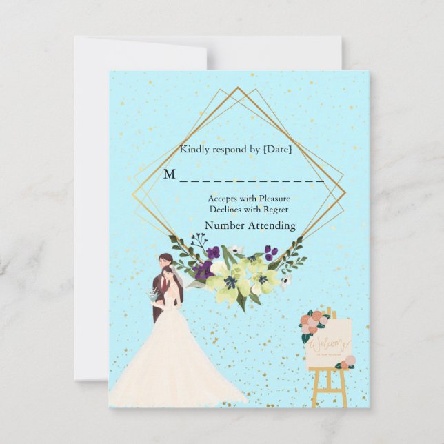 Elegant Gold Geometric Dusty Blue RSVP Card (Front)