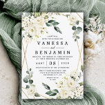 Elegant Gold Geometric Floral Greenery Wedding Invitation<br><div class="desc">Design features an elegant printed gold coloured geometric frame decorated with watercolor flowers in neutral shades, such as - white, ivory, champagne, and more. The floral elements consist of roses, peonies, hydrangea and baby's breath. This modern template also features greenery, eucalyptus, leaf elements and more for a very unique look...</div>