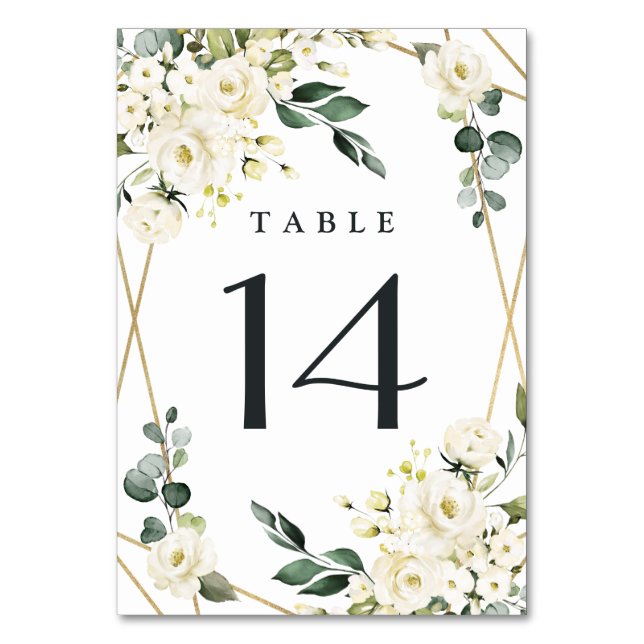 Elegant Gold Geometric Floral Greenery Wedding Table Number (Front)