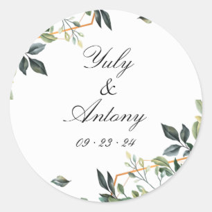 Elegant Gold Geometric Greenery Round Classic Round Sticker