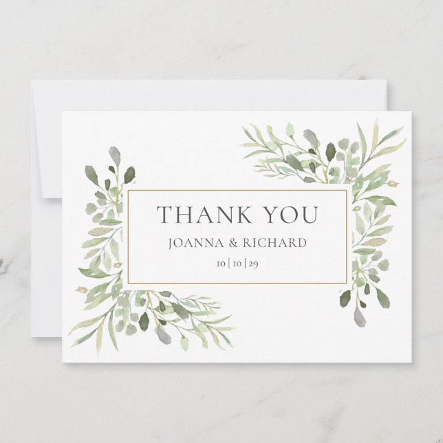 Elegant Gold Geometric Greenery Wedding Thank You Card (Front)
