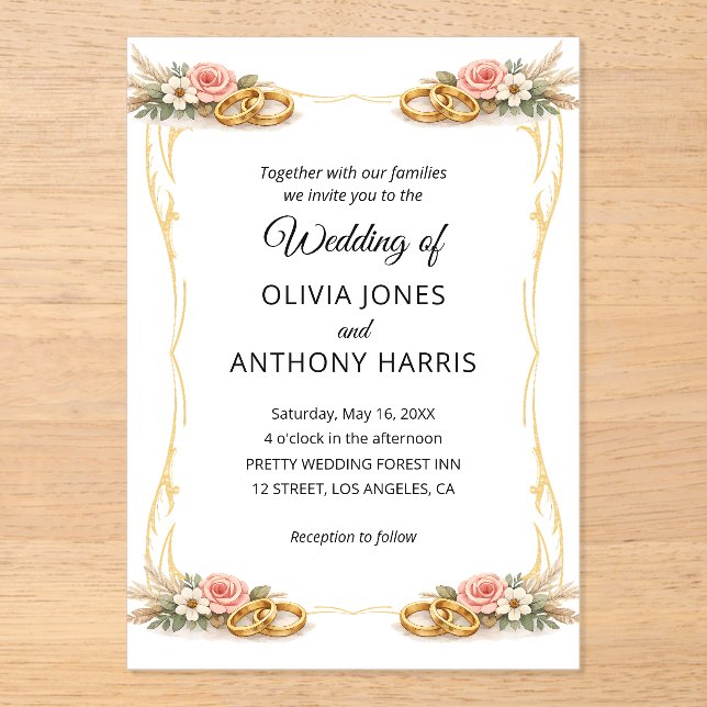 Elegant Gold Geometric Rustic Floral Wedding  Acrylic Invitations (Front)