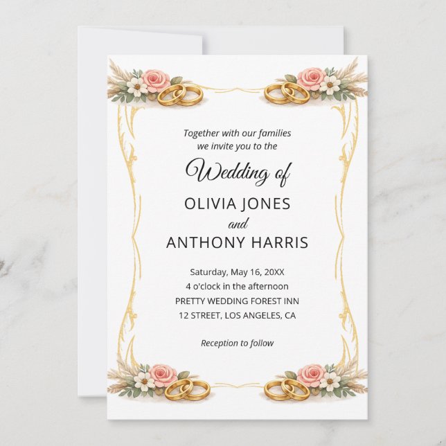 Elegant Gold Geometric Rustic Floral Wedding  Invitation (Front)