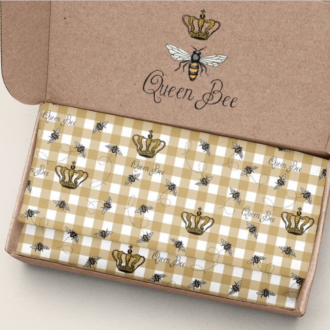 Elegant Gold Gingham Royal Queen Bee Pattern Tissue Paper (Elegant Gold Gingham Pattern with a Hand-Drawn Vintage Inspired Buzzing Queen Bee & her Royal Crown)