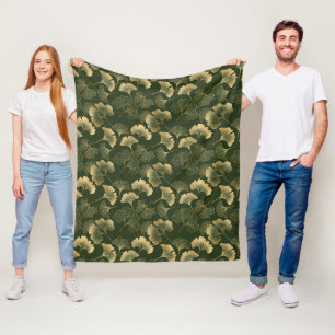 Elegant Gold Ginkgo Leaves Emerald Green Fleece Blanket