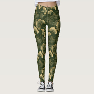 Elegant Gold Ginkgo Leaves Emerald Green Leggings