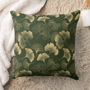Elegant Gold Ginkgo Leaves Emerald Green Throw Pillow