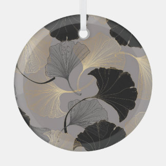 Elegant gold Ginkgo, vintage background. Glass Ornament