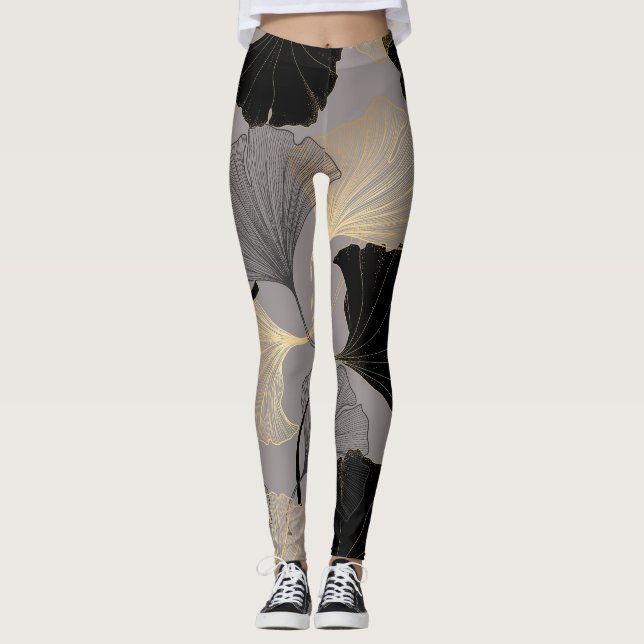 Elegant gold Ginkgo, vintage background. Leggings (Front)