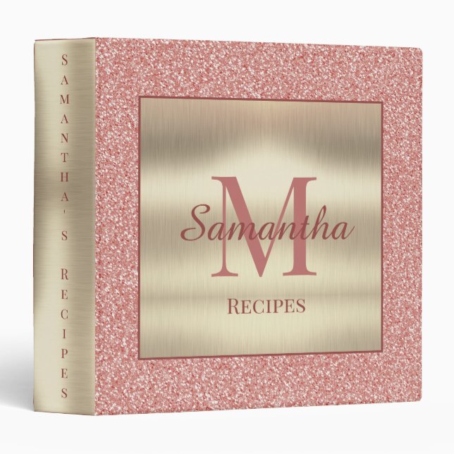 Elegant Gold Girly Pink Sparkle Monogram Recipe Binder (Front/Spine)