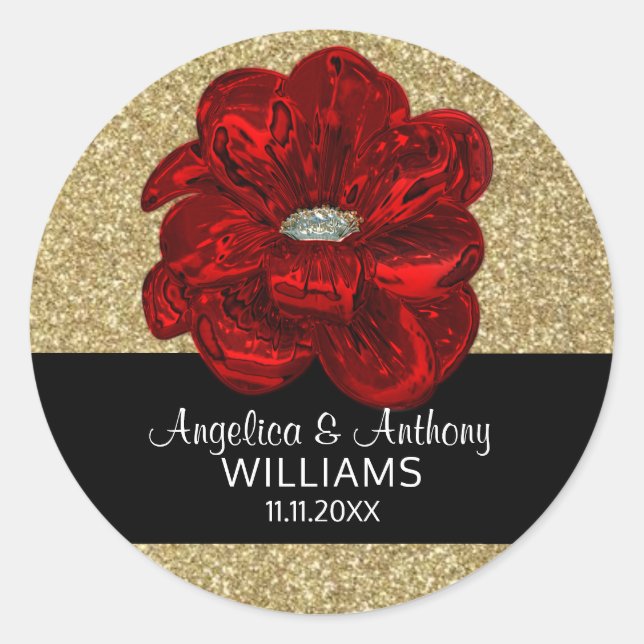 Elegant Gold Gitter,Black, Red Rose Flower Wedding Classic Round Sticker (Front)