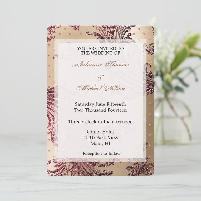 Elegant Gold Glam Burgundy Hearts Wedding Invitation (Standing Front)
