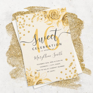 Elegant Gold Glam Floral Glitter Sweet Sixteen Invitation