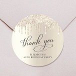 Elegant Gold Glitter 60th Birthday Party Thank You Classic Round Sticker<br><div class="desc">Chic sticker for your 60th birthday party correspondence and party favours featuring "Thank You" in elegant calligraphy,  a gold faux foil background and gold faux glitter.</div>