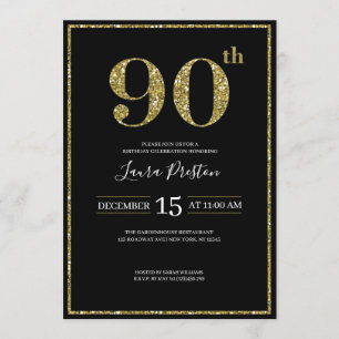 Elegant Gold Glitter 90th Birthday Invitation