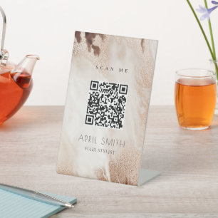 Elegant Gold Glitter Agate Marble Beige QR Code Pedestal Sign