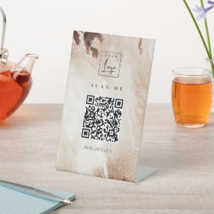 Elegant Gold Glitter Agate Marble QR Code Logo Pedestal Sign