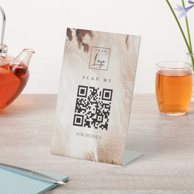 Elegant Gold Glitter Agate Marble QR Code Logo Pedestal Sign (In SItu)