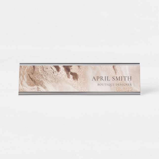 Elegant Gold Glitter Agate Marble Texture Beige Desk Name Plate (Front)