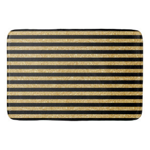 Elegant Gold Glitter and Black Stripe Pattern Bath Mat