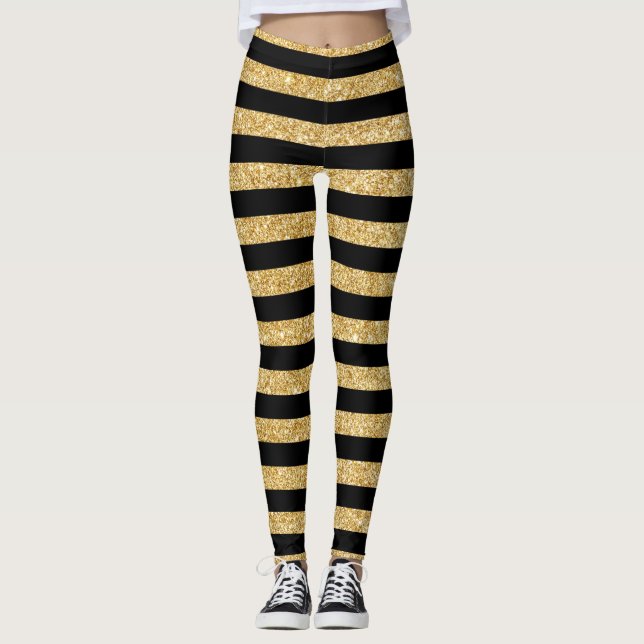 Elegant Gold Glitter and Black Stripe Pattern Leggings (Front)