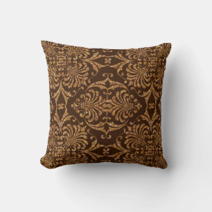 Elegant Gold Glitter and Brown Floral Damask Throw Pillow