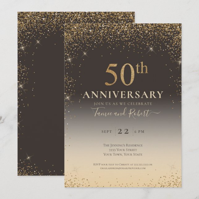 Elegant Gold Glitter Balloon 50th Anniversary Invitation (Front/Back)