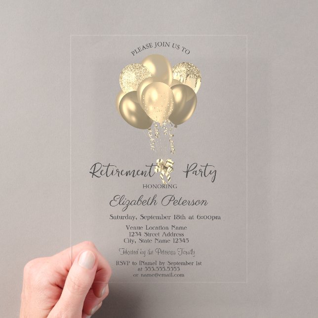 Elegant Gold Glitter Balloons Simple Retirement Acrylic Invitations (Insitu (Handheld))