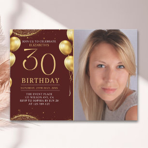 Elegant Gold Glitter Birthday 30th With Photo Invitation