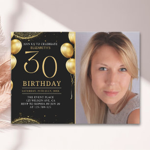 Elegant Gold Glitter Birthday 30th With Photo Invitation