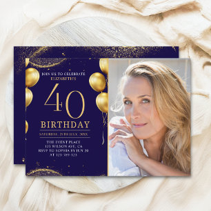 Elegant Gold Glitter Birthday 40th With Photo Invitation