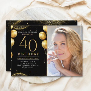 Elegant Gold Glitter Birthday 40th With Photo Invitation