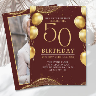 Elegant Gold Glitter Birthday 50th with Balloons Invitation