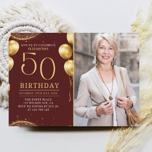Elegant Gold Glitter Birthday 50th With Photo Invitation