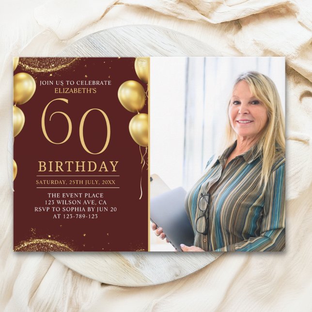 Elegant Gold Glitter Birthday 60th With Photo Invitation (Creator Uploaded)