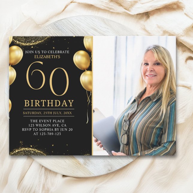 Elegant Gold Glitter Birthday 60th With Photo Invitation (Creator Uploaded)